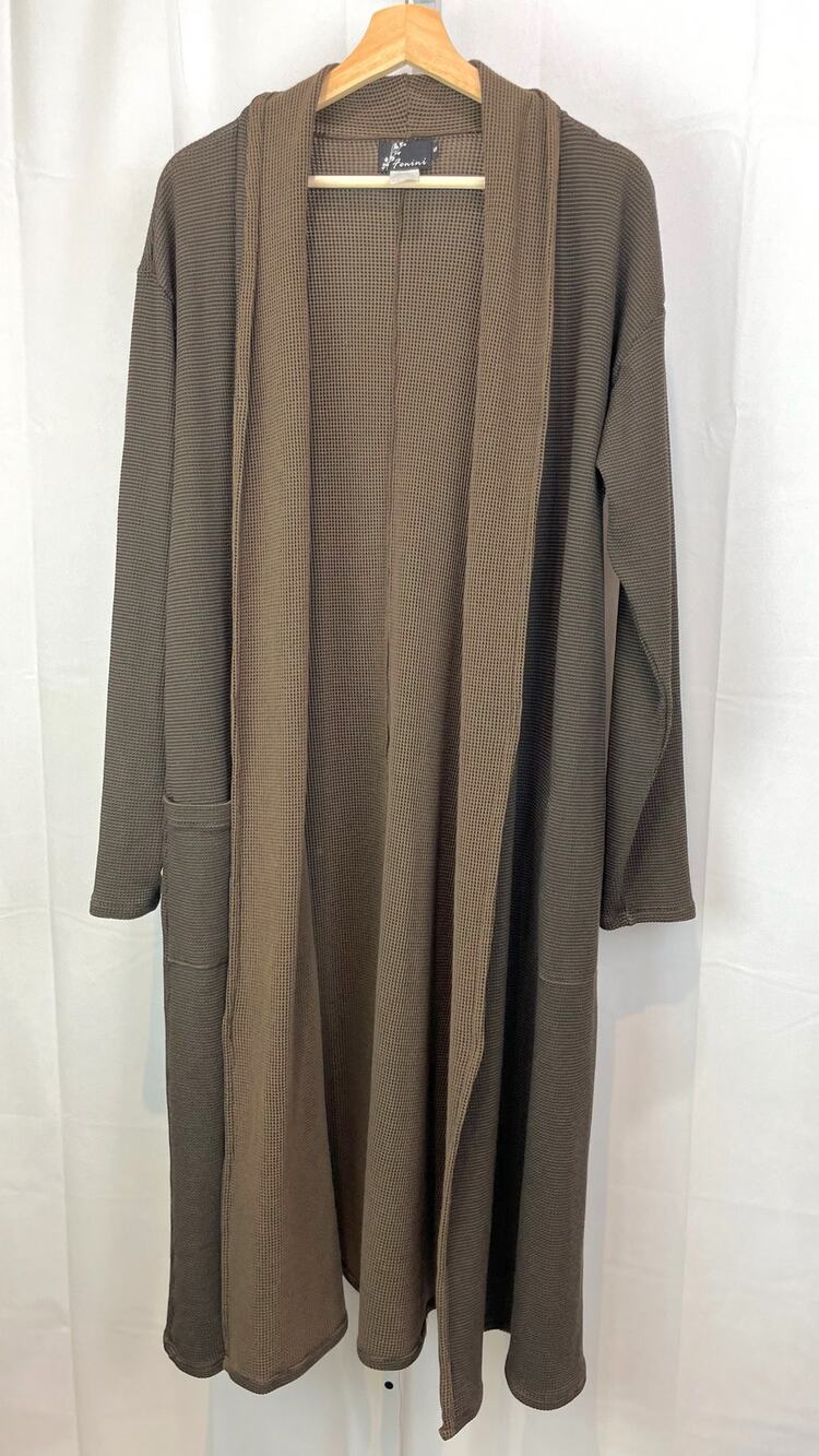 FENINI S Open Front Duster Cardigan Waffle Textured Knit Pockets USA Brown Black